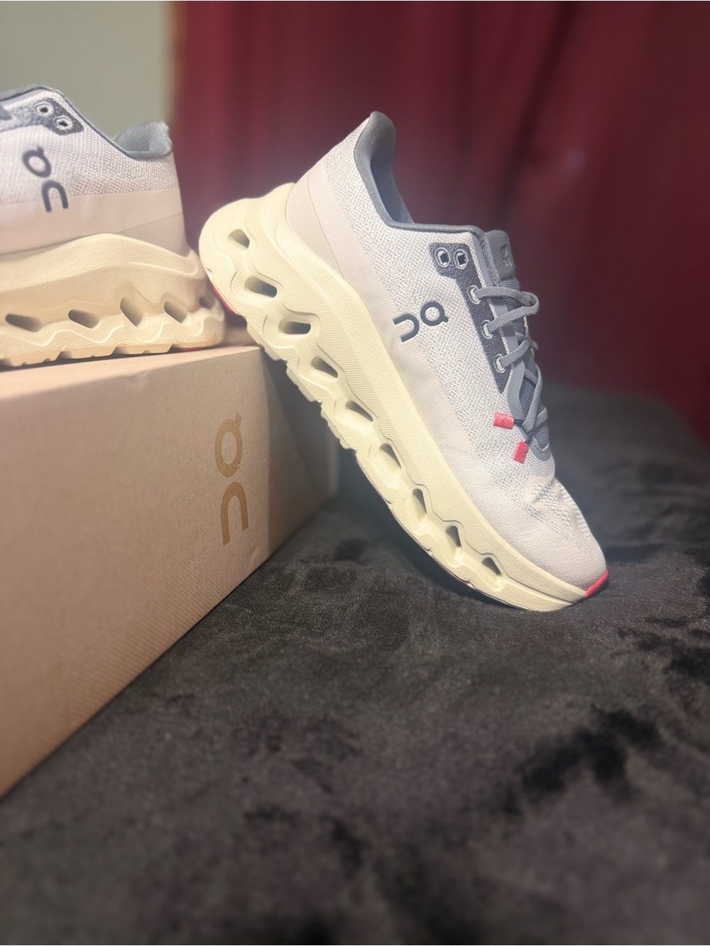 On Running Women's Athletic Sneakers in White, Gray, Cream with Pink Accents